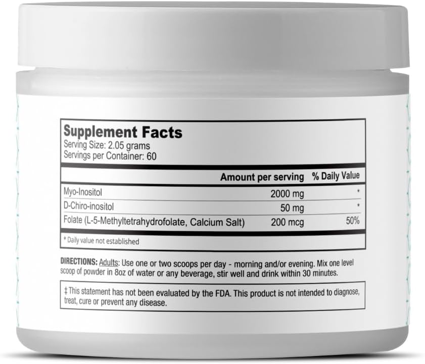 Suplemento de Inositol - Myo-Inositol y D-Chiro Inositol con Folato Activo - Relación 40:1 (60 Dosis, Tarro de 129g)