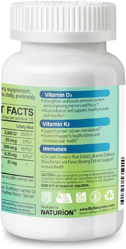 NATURION D3+K2 IMMUNEX – Vitamina D3 2000 UI, K1 25 mcg, K2 200 mcg, Zinc 6.25 mg, DK Blend 31 mg – 120 Cápsulas Blandas