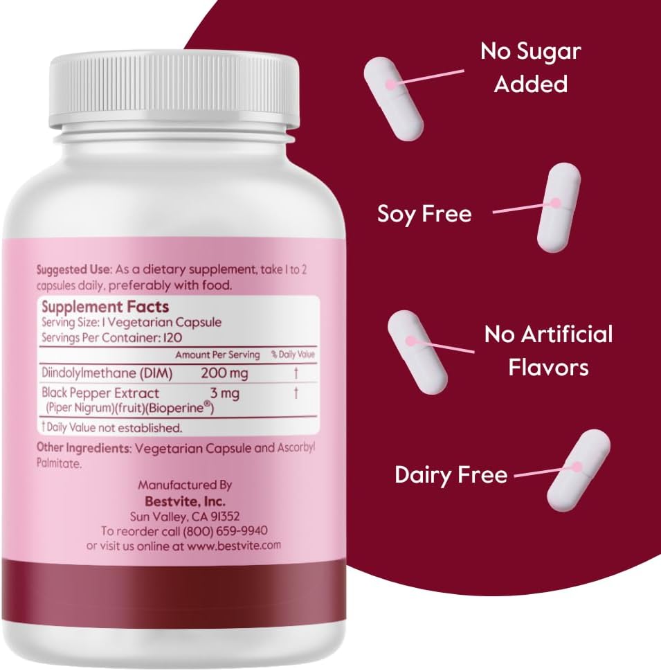BESTVITE DIM (Diindolilmetano) 200mg con Bioperina - 120 Cápsulas Vegetales - Vegano - Sin Gluten - No GMO