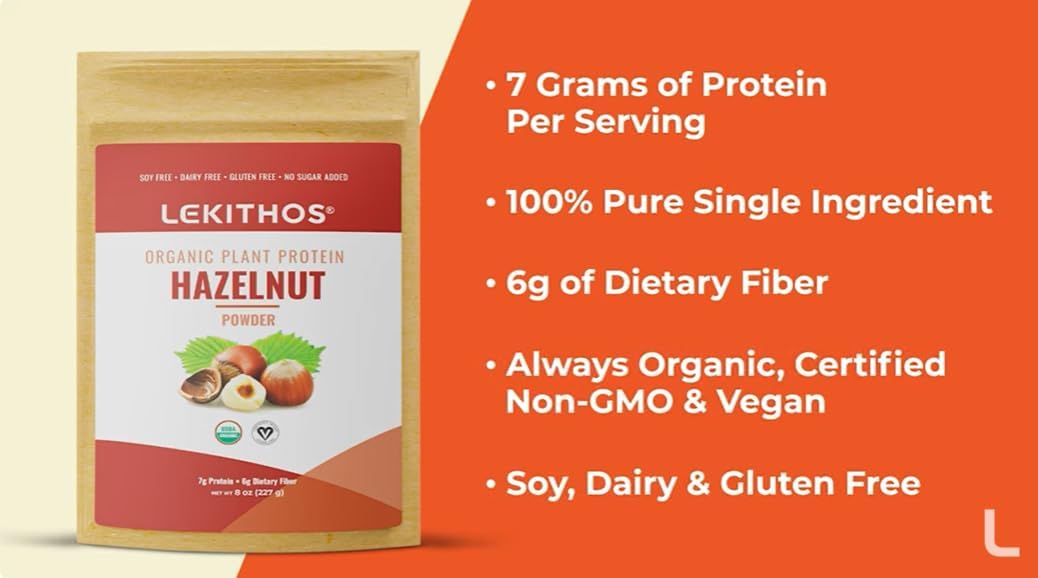 Lekithos Proteína de Avellana Ecológica en Polvo - 227g (8oz) - Ingrediente Único, Sin Azúcares Añadidos, Vegano, Non-GMO