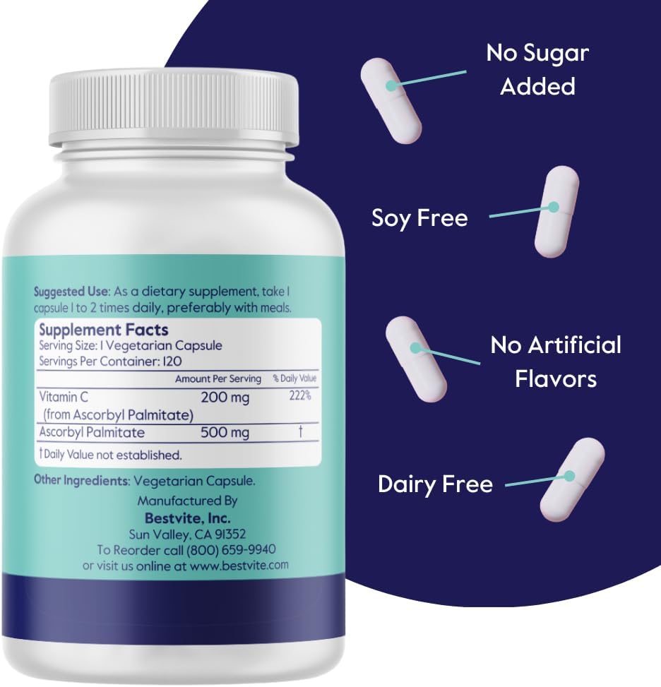 BESTVITE Ascorbil Palmitato 500 mg - 240 Cápsulas Vegetales (Pack de 2)