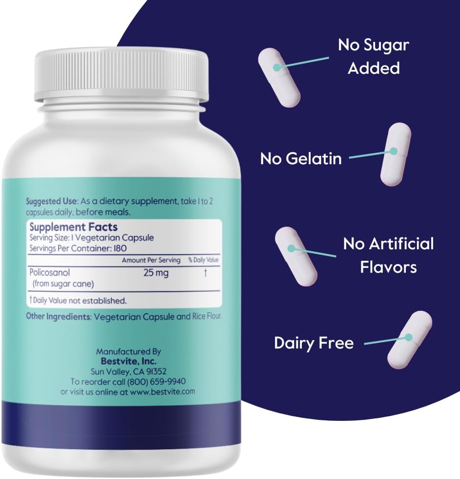 BESTVITE Policosanol 25mg (180 Cápsulas Vegetales) - Sin Estearatos - Vegano - No Transgénico - Sin Gluten