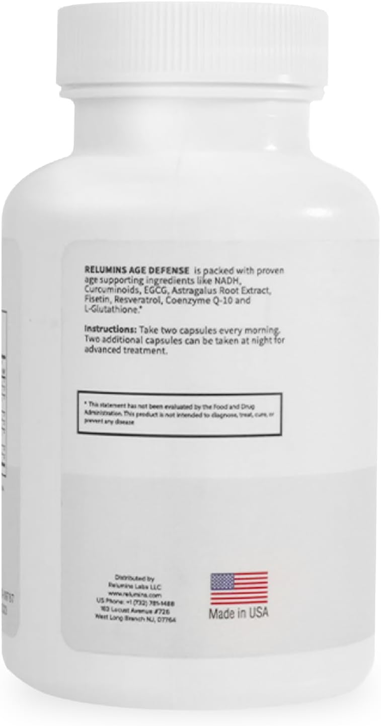 Relumins Age Defense NAD+ Supplement with NADH, CoQ10, Glutathione, Resveratrol, Fisetin, Curcumin & EGCG - Antioxidant Support Supplement – 60 Vegan Capsules