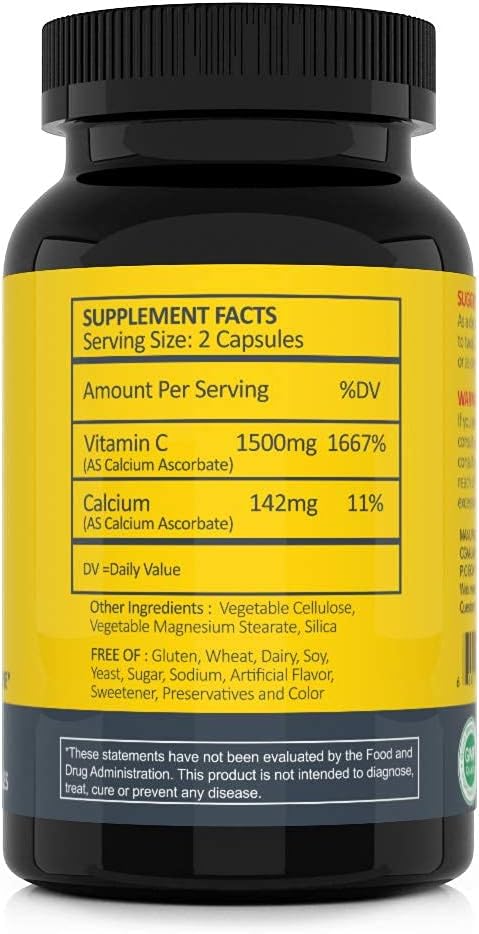 Suplemento de Vitamina C No Ácida 1500 mg con Calcio - Suave para el Estómago - 100 Cápsulas - CGM Labs