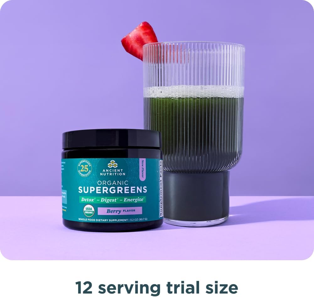 Ancient Nutrition SuperGreens en Polvo con Probióticos, Sabor Berry Orgánico, 12 Porciones, 91g