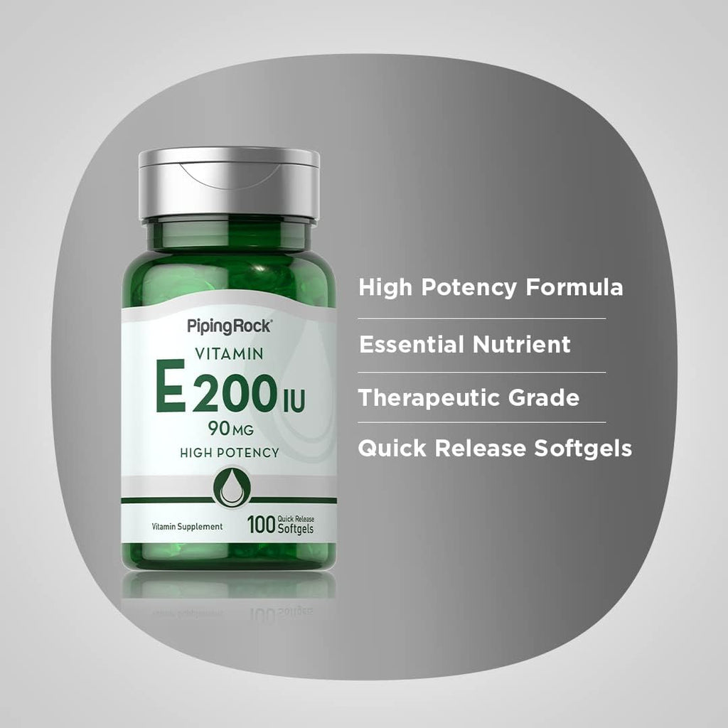 Piping Rock Vitamin E 200 IU | 90mg | 100 Softgel Capsules | High Potency Supplement | Non-GMO, Gluten Free