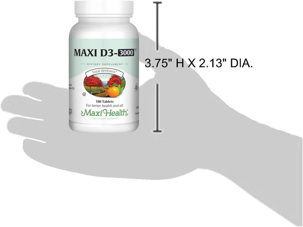 Maxi Health Vitamina D3 3000 UI 75 mcg Suplemento de vitamina D para huesos, dientes, sistema inmunitario - Suplemento de D3 fácil de tragar, no transgénico, kosher (180 comprimidos)