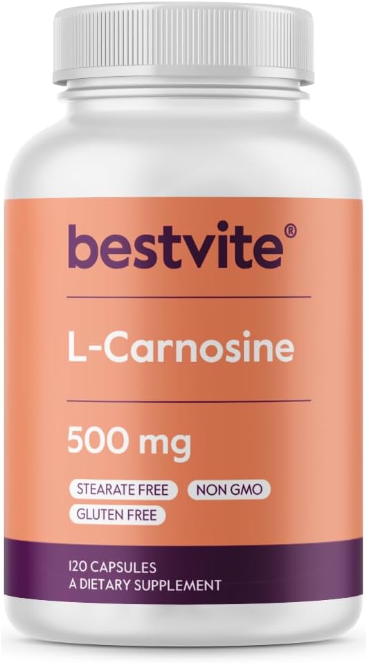BESTVITE L-Carnosina 500 mg por cápsula (120 cápsulas) Sin rellenos - Sin estearatos - No transgénico - Sin gluten