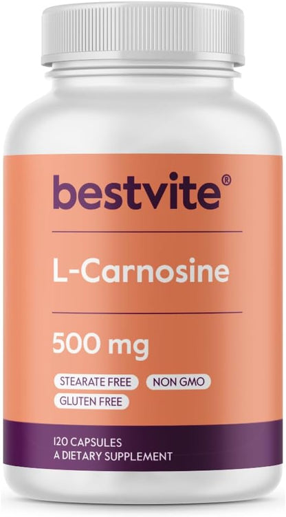 BESTVITE L-Carnosina 500 mg por cápsula (120 cápsulas) Sin rellenos - Sin estearatos - No transgénico - Sin gluten – Image 1