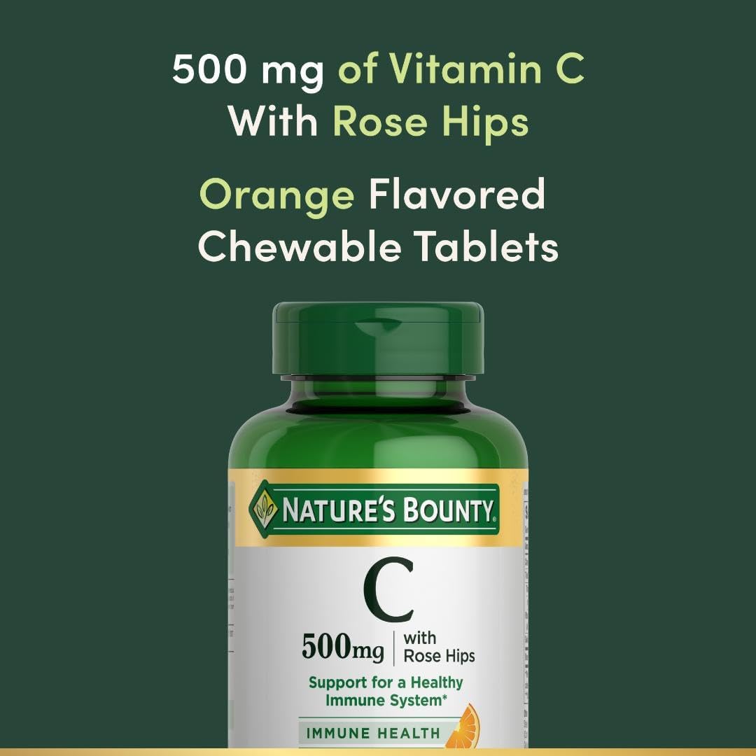 Nature's Bounty Vitamina C, Apoyo para un Sistema Inmunitario Saludable, 500 mg de Vitamina C con Escaramujo, 90 Comprimidos Masticables