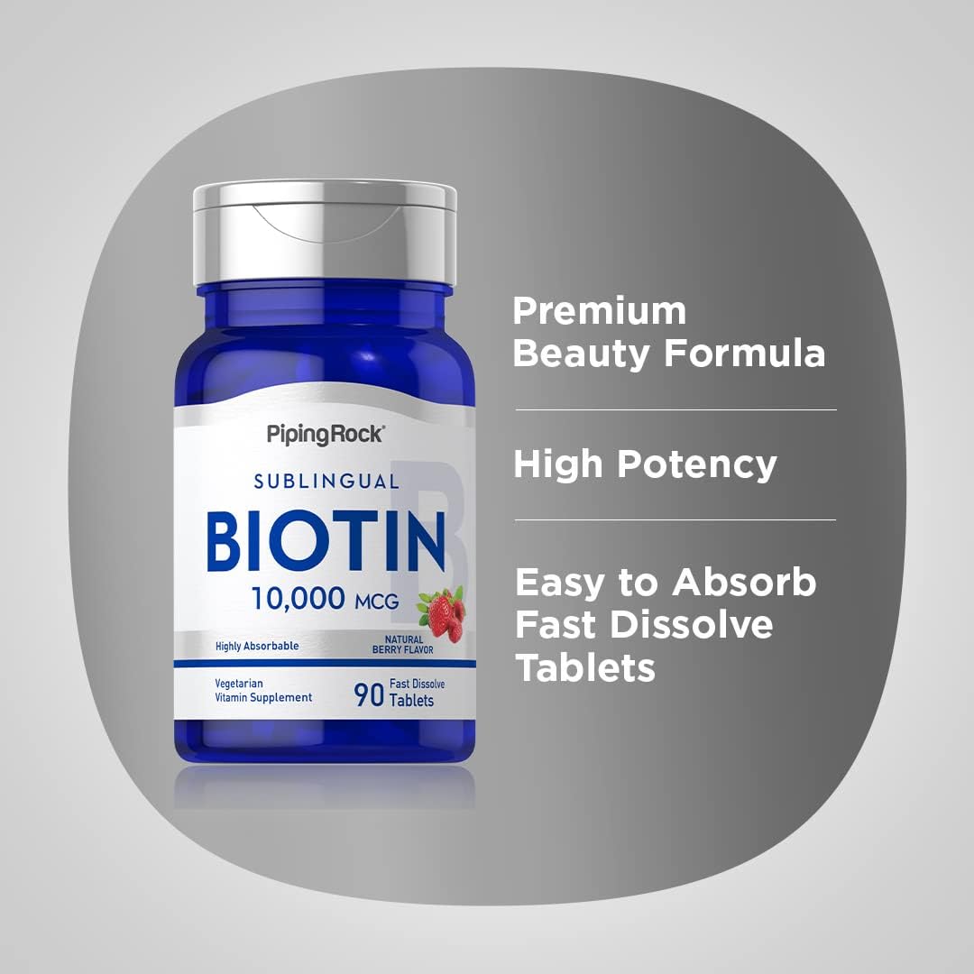 Piping Rock Biotin 10000 mcg Sublingual Tablets Berry Flavor, 90 Count