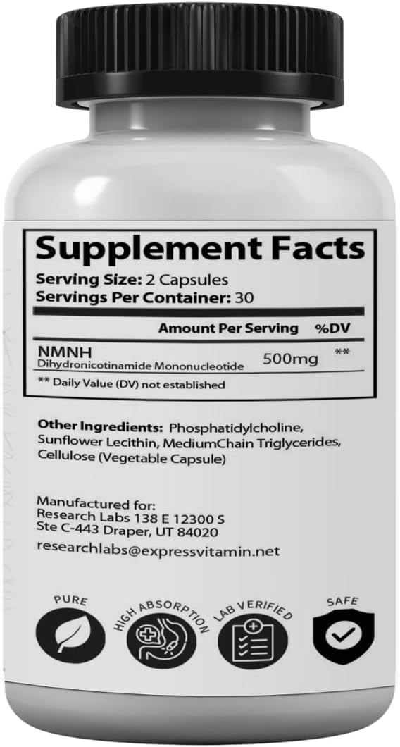 Research Labs Liposomal NMNH (Alternativa a NMN) 500mg por dosis | 60 Cápsulas (Dihidronicotinamida Mononucleótido) Suplemento NAD+