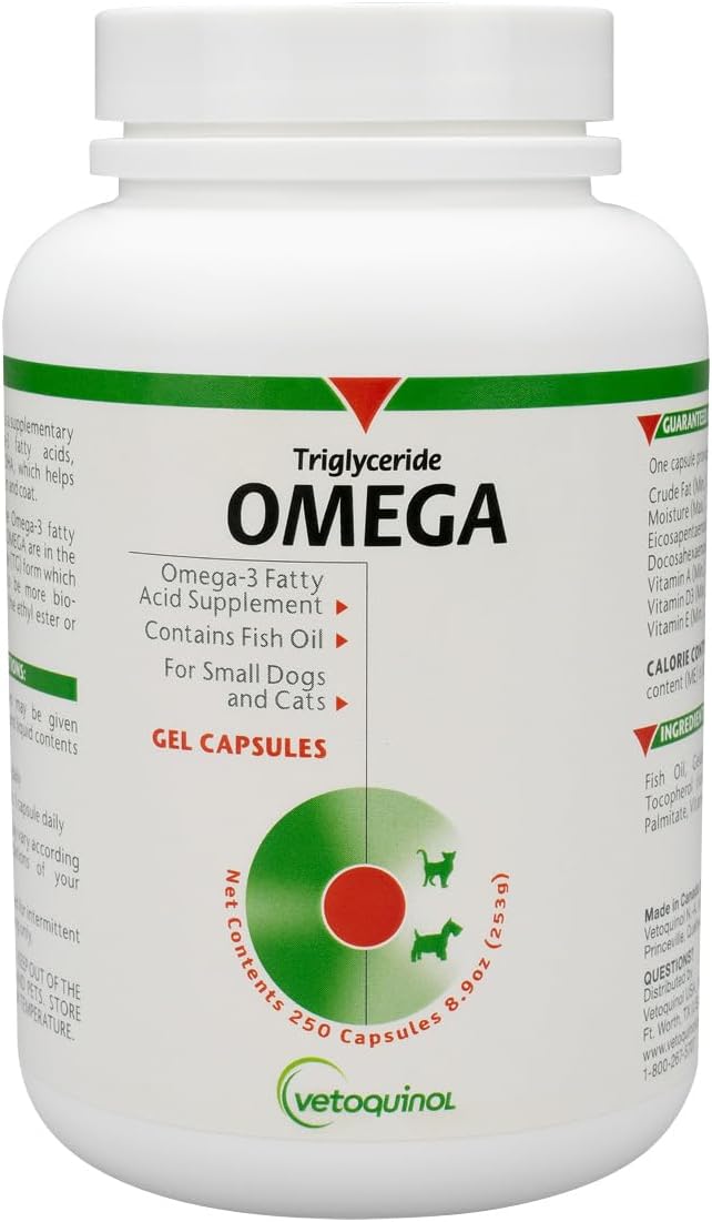Vetoquinol Triglyceride Omega - Aceite de Pescado para Perros y Gatos - 250 Cápsulas