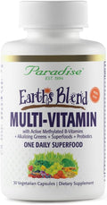 Paradise Herbs Earth's Blend Multivitamínico Diario con Hierro, 48 Superalimentos Orgánicos, Probióticos, Antioxidantes, Vitaminas A, B12, C, D, K2, 30 Cápsulas