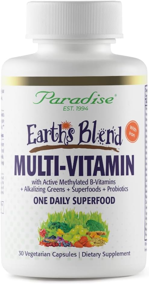 Paradise Herbs Earth's Blend Multivitamínico Diario con Hierro, 48 Superalimentos Orgánicos, Probióticos, Antioxidantes, Vitaminas A, B12, C, D, K2, 30 Cápsulas
