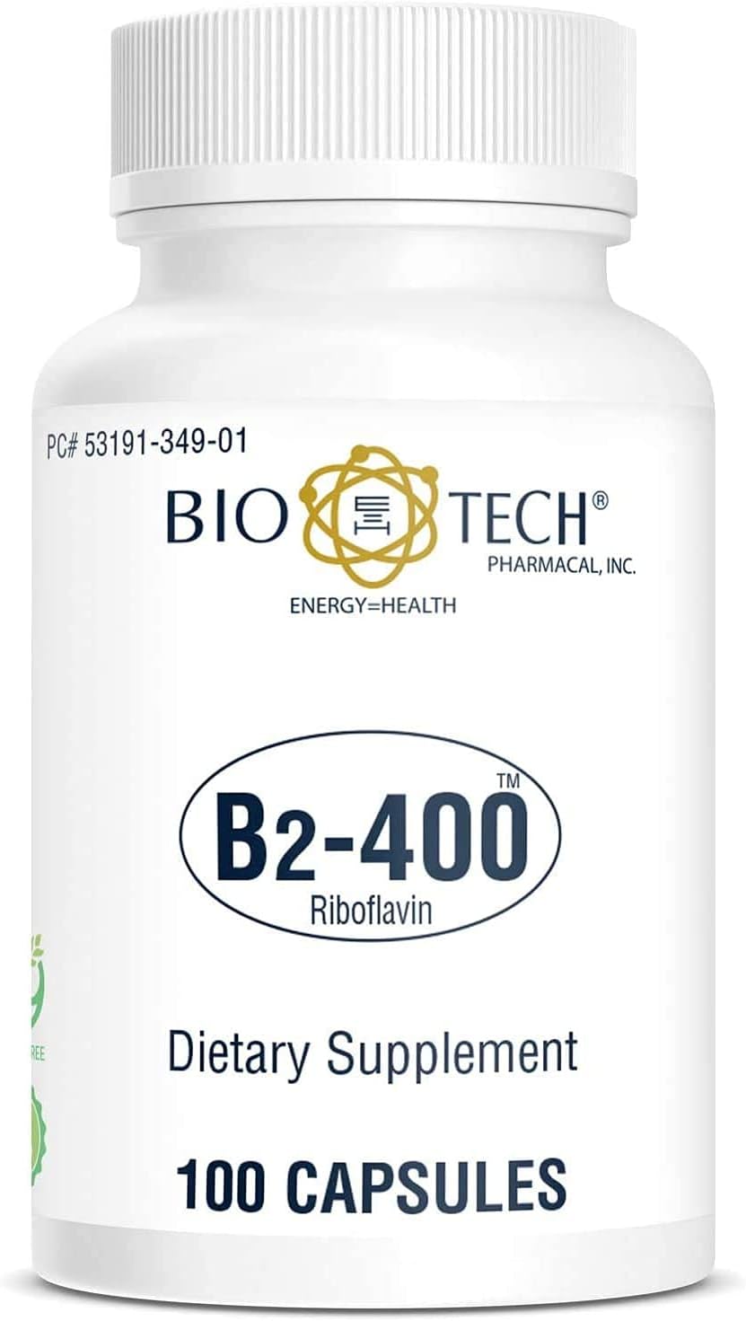 Bio-Tech Pharmacal B2-400, 100 Cápsulas – Suplemento de Riboflavina 400 mg – Sin Gluten, Sin OGM