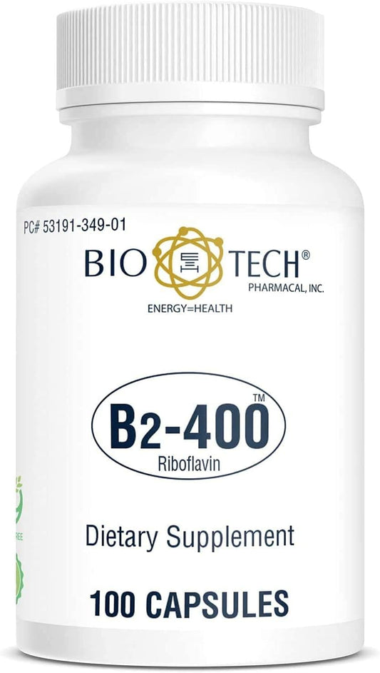 Bio-Tech Pharmacal B2-400, 100 Cápsulas – Suplemento de Riboflavina 400 mg – Sin Gluten, Sin OGM