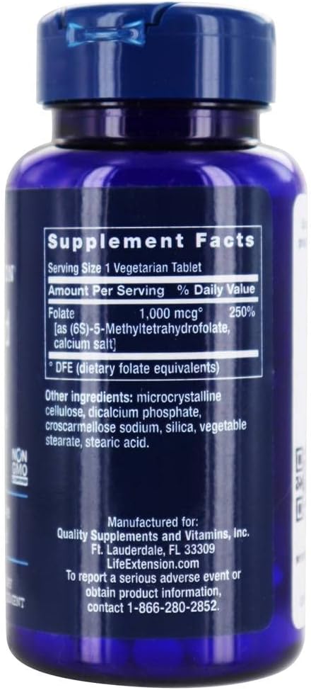 Life Extension Folato Optimizado (L-metilfolato), 1000 mcg, 100 Comprimidos Vegetales (3 Paquetes)