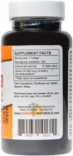 Sunshine Naturals Vitamina D3 10000 UI - 100 Cápsulas Blandas