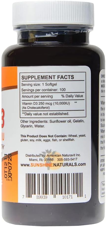 Sunshine Naturals Vitamina D3 10.000 UI - 200 Cápsulas Blandas