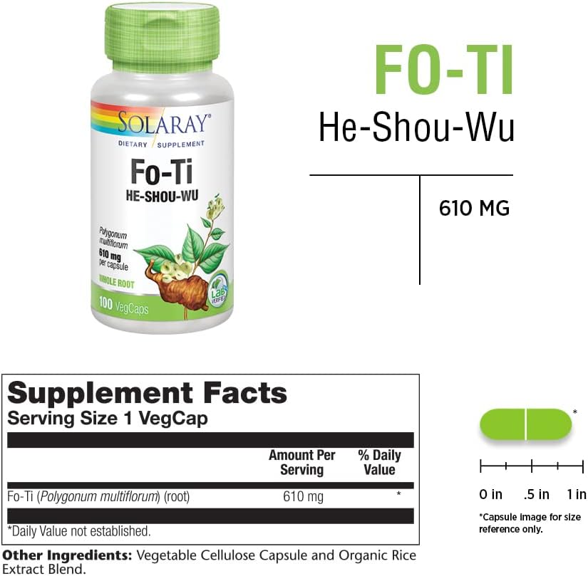 SOLARAY Fo-Ti 610 mg | Apoyo hepático, renal, hormonal y longevidad | Piel, cabello y uñas | Vegano | 100 Cápsulas Vegetales