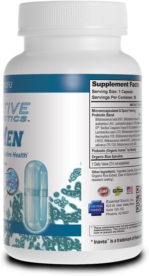 Essential Source TriActive Biotics for Men - Probiótico en Cápsulas, 30 mil millones UFC con Prebióticos y Espirulina Azul, Sin Conservación en Frío, Sin Alérgenos, 30 Cápsulas