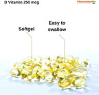 PHARMATECH Vitamina D3 10000 UI, 250 mcg, Alta Potencia, Apoya la Salud del Sistema Inmunológico, Huesos y Músculos, Sin Gluten, Sin Azúcar, No GMO, 250 Cápsulas Blandas