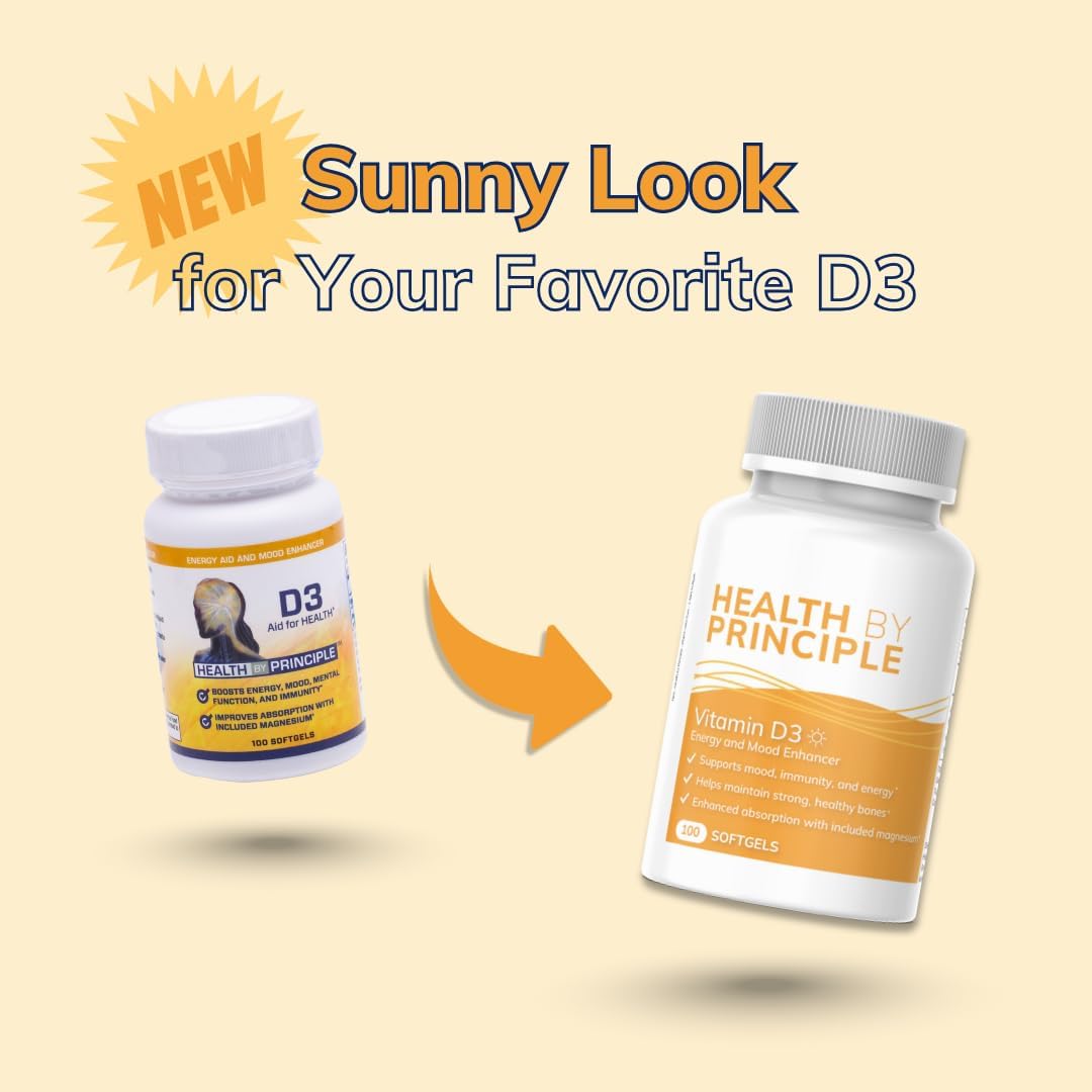 Health by Principle - Vitamina D3 - Apoyo Inmune, Salud Ósea y Cognitiva - Natural, Orgánico, Sin OGM, Sin Gluten - 100 Softgels