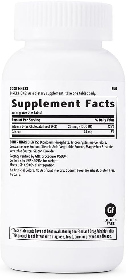 GNC Vitamina D-3 25mcg (1000 UI) para Huesos y Dientes Saludables - 180 Comprimidos