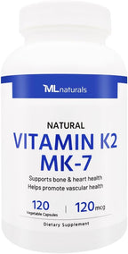 ML Naturals Vitamina K2 MK-7 120mcg (por dosis) – 120 Cápsulas Vegetales – All-Trans MK-7 – Apoya la Salud Ósea y Cardíaca