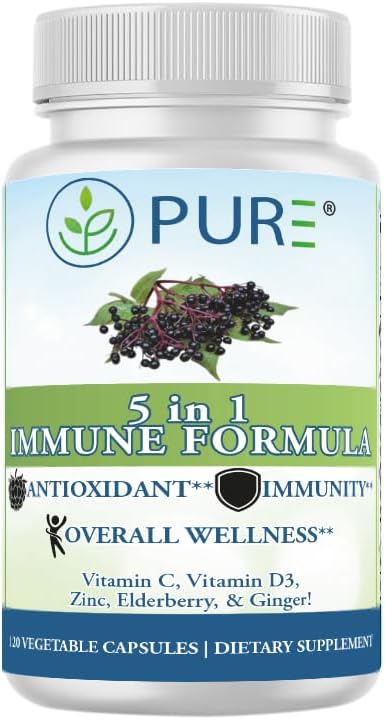 PURE 5 en 1 Fórmula Inmunitaria - 120 Cápsulas - Saúco Negro, Vitamina C, Vitamina D3, Zinc y Jengibre