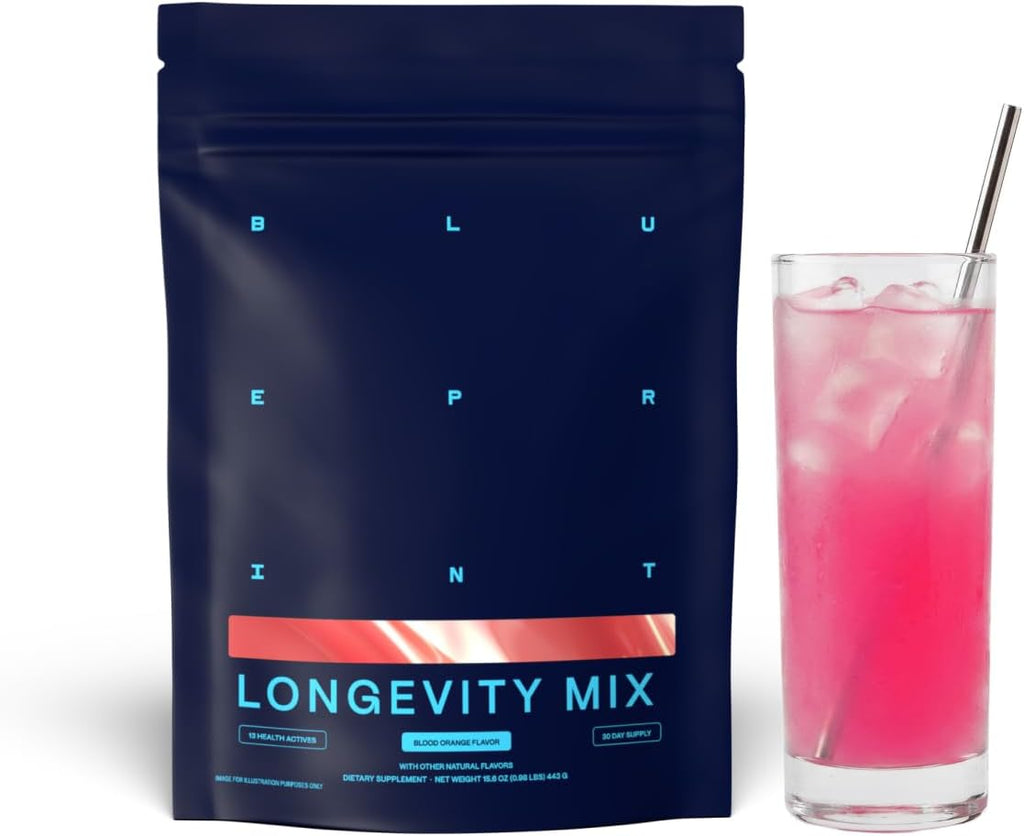 Blueprint Longevity Mix - Magnesio, Creatina, L-Teanina, Glutatión y Vitamina C - 30 porciones, Naranja Sangre