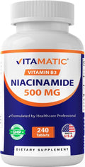 Vitamatic Niacinamida 500 mg, 240 Comprimidos - Vitamina B3 Sin Enrojecimiento - Apoya la Producción de Energía