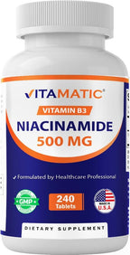Vitamatic Niacinamida 500 mg, 240 Comprimidos - Vitamina B3 Sin Enrojecimiento - Apoya la Producción de Energía