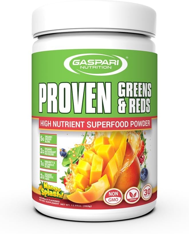 Gaspari Nutrition Greens and Reds: Polvo de Superalimentos Orgánicos con Probióticos y Fibra, 30 Porciones (Sabor Mango Splash)