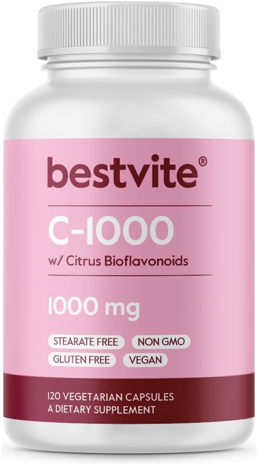 BESTVITE Vitamina C 1000 mg con Bioflavonoides Cítricos - 120 Cápsulas Vegetarianas - Vegano - Sin Gluten - No OGM