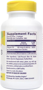 Healthy Origins Vitamina D3 2400 UI – 360 Cápsulas Blandas de Lanolina