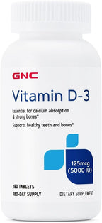 GNC Vitamina D3 125mcg (5000 UI) Suplemento, Apoya la Salud de Dientes y Huesos, 180 Cápsulas Blandas