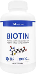 ML Naturals Biotina 10,000 mcg – 360 Cápsulas Vegetales – Cabello, Piel y Uñas – Energía