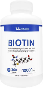 ML Naturals Biotina 10,000 mcg – 360 Cápsulas Vegetales – Cabello, Piel y Uñas – Energía