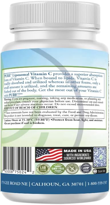 PURE® Vitamina C Liposomal 2100 mg - 180 Cápsulas, 60 Dosis - Alta Absorción con Lecitina de Girasol - Antioxidante para el Sistema Inmunitario y Colágeno - Fabricado en EE. UU.