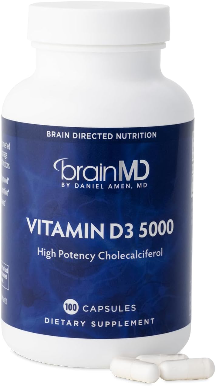 BRAINMD Dr Amen Vitamina D3 5000 UI, 100 Softgels - Colecalciferol de Alta Potencia - Sin Gluten