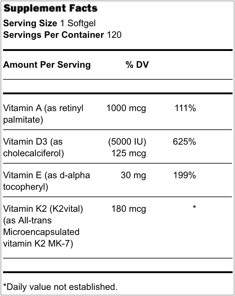Suplemento de Vitamina K2 y D3, Nutriente Esencial para la Coagulación Sanguínea, Salud Cardiovascular, Metabolismo del Calcio - 120 Cápsulas Blandas