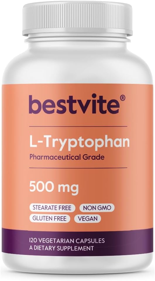 BESTVITE L-Triptófano 500 mg por Cápsula (120 Cápsulas Vegetarianas) - Sin Estearatos - Sin Sílice - Sin Gelatina - Vegano - Sin Gluten - No OGM