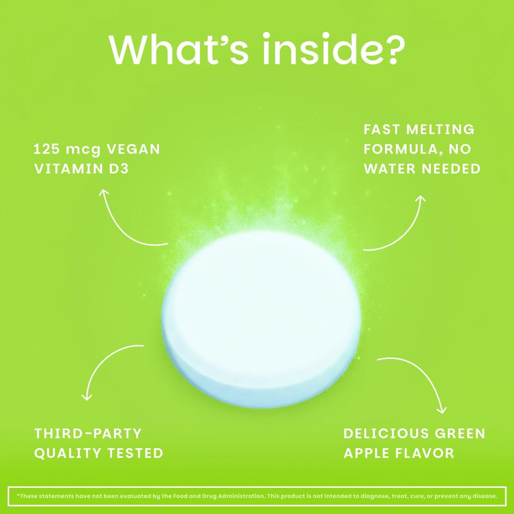 EZ Melts Vitamina D3 5000 IU Vegana - 90 Comprimidos Disolubles Sabor Manzana Verde - Sin Gluten, No-GMO