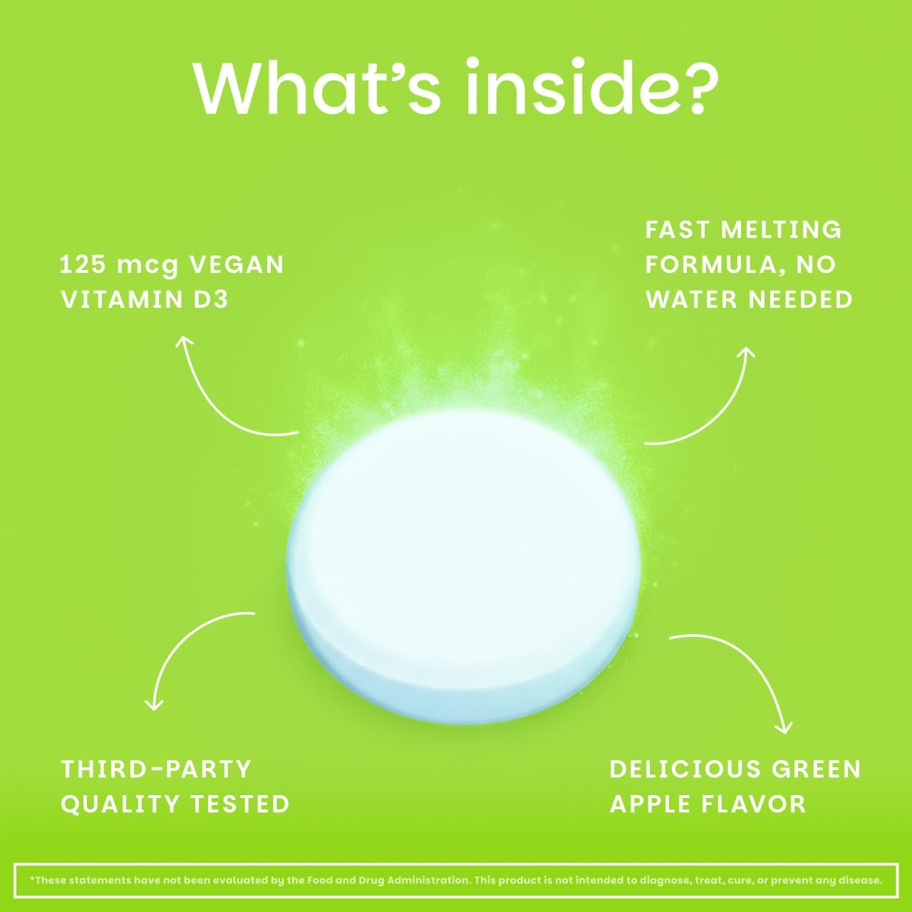 EZ Melts Vitamina D3 5000 IU Vegana - 90 Comprimidos Disolubles Sabor Manzana Verde - Sin Gluten, No-GMO