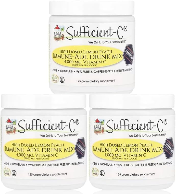 Sufficient-C Mezcla de Bebida Immune-Ade de Vitamina C en Alta Dosis, Sabor Limón y Durazno - 125 gramos, Paquete de 3