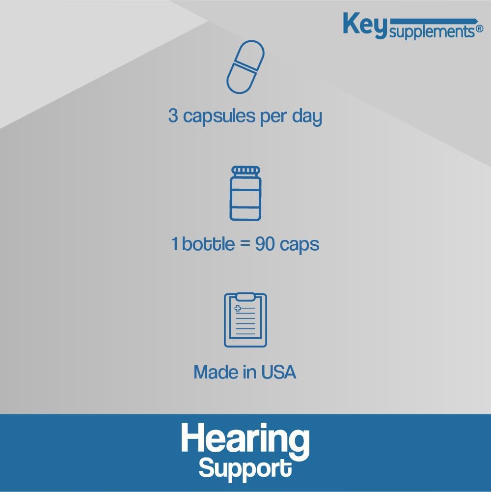 Key Supplements Hearing Support 90 Cápsulas, Alivio para el Tinnitus y Zumbidos