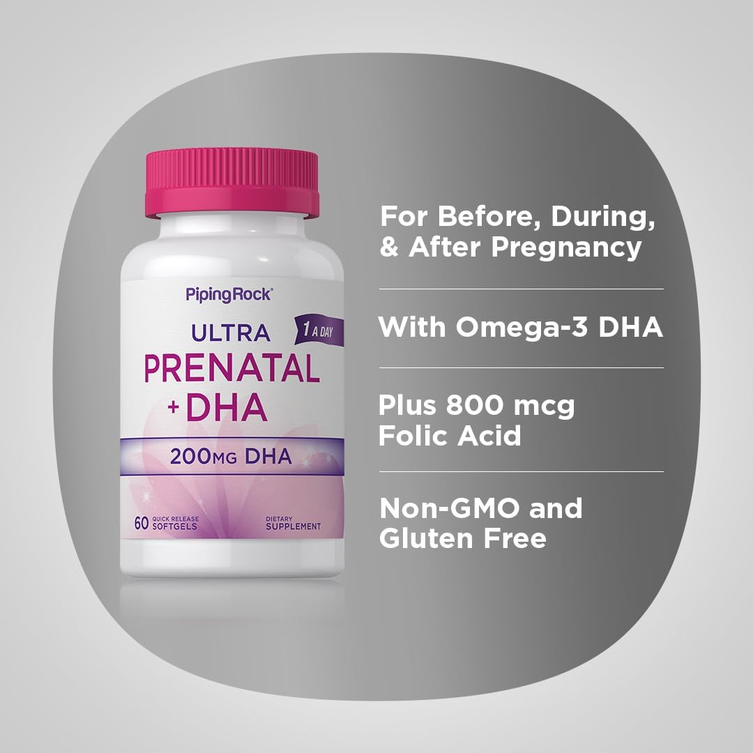 Piping Rock Vitaminas Prenatales con DHA | 60 Cápsulas Blandas | Multivitamínico con Hierro, Ácido Fólico, Omega 3 | Complejo Ultra | No Transgénico, Sin Gluten