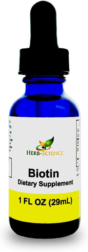 Herb-Science Biotina Líquida B7 – D-Biotina USP de Alta Absorción, Vegano, Sin Alcohol, Gotas Sublinguales, Sin Sabores Artificiales, Frasco de Vidrio Azul Cobalto - 30 ml